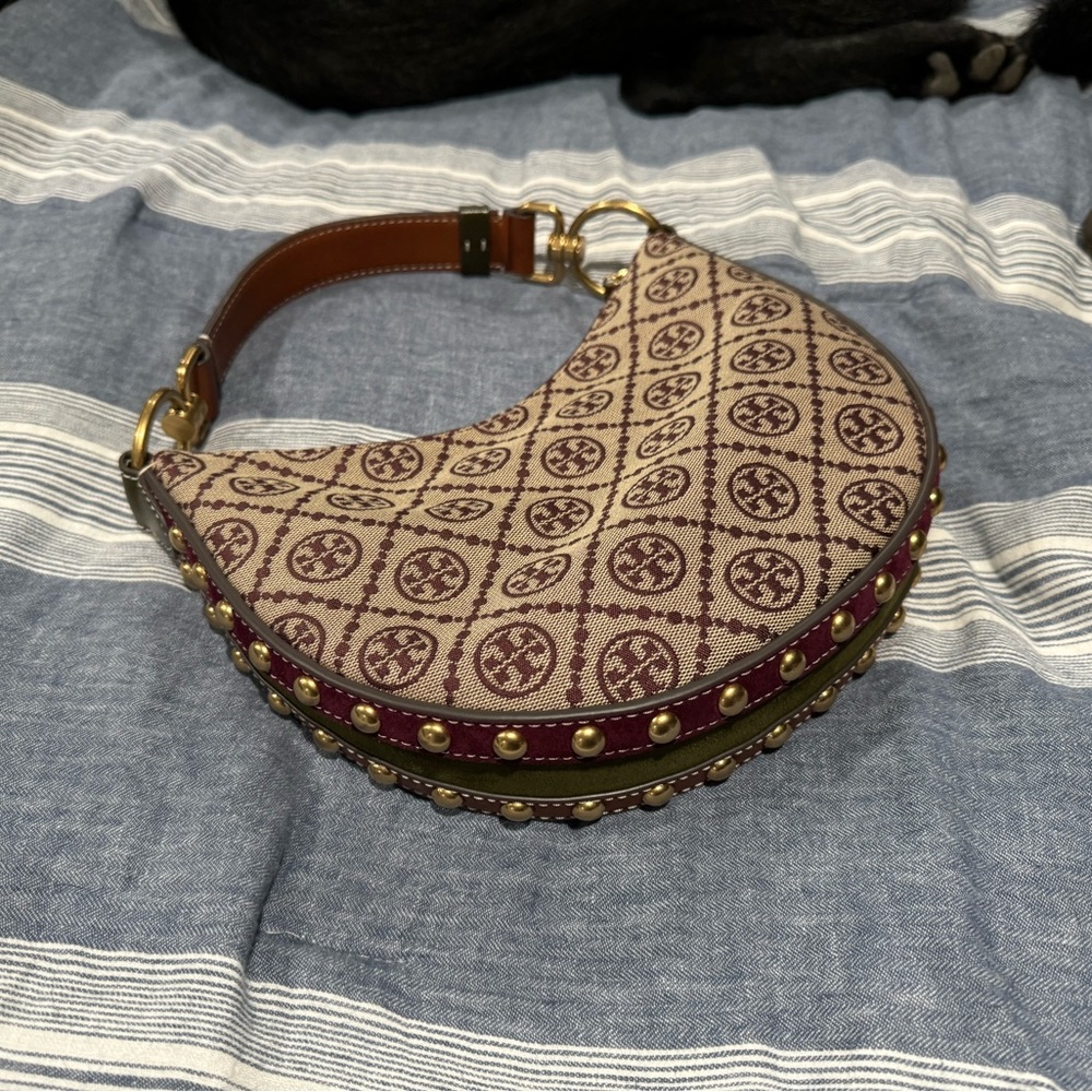 Tory Burch T Monogram Jacquard Studded Mini Crescent Bag